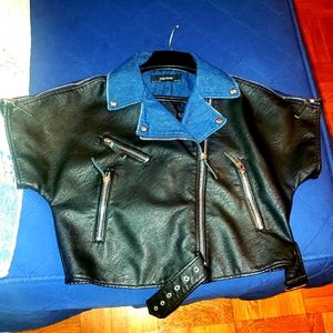 Short sleeve dark denim and leather jacket